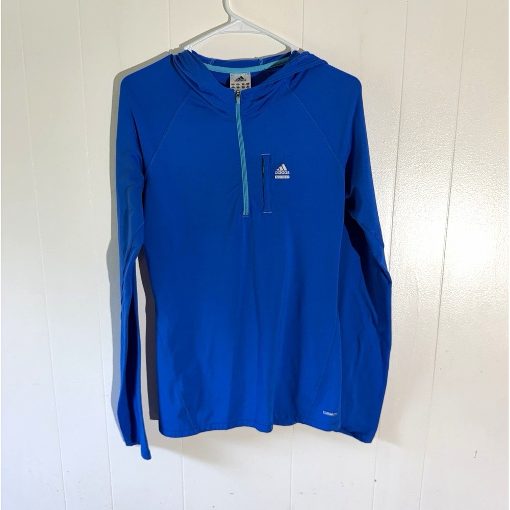 adidas Women's Hoodie Pullover M Blue Solid Logo 1/4 Zip Pockets Raglan